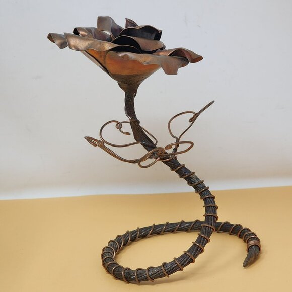 Vintage Handcrafted Antique Copper Finish Metal Rose Sculpture Art Piece - Picture 4 of 10